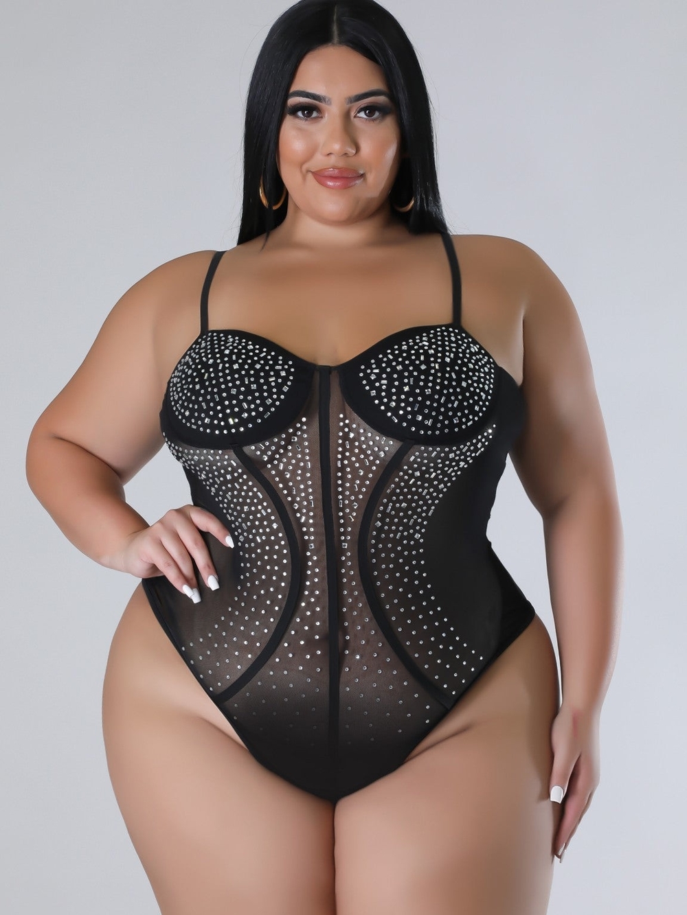 PLUS SIZE Black Rhinestone Mesh Bodysuit